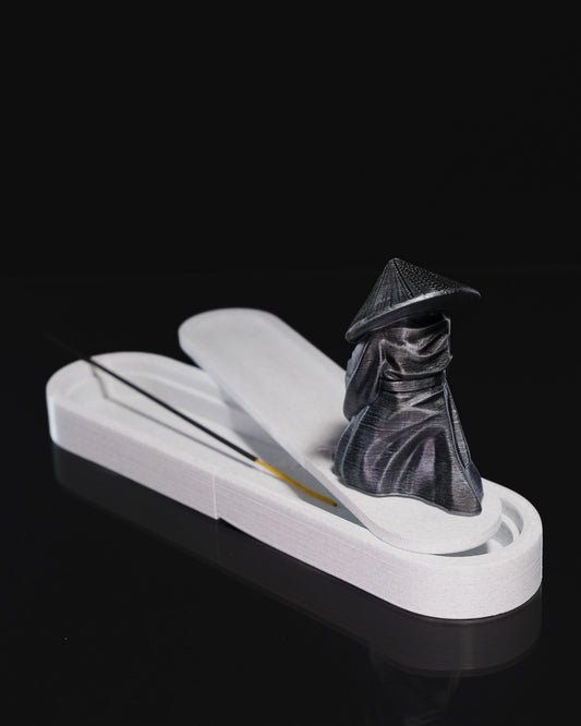 3D printed Chinese warrior incense holder with detailed figurine in conical hat and ash-catching base