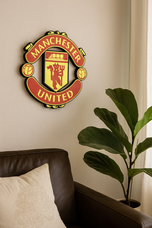 3D printed Manchester United wall badge featuring Red Devils crest in official red yellow and black colours