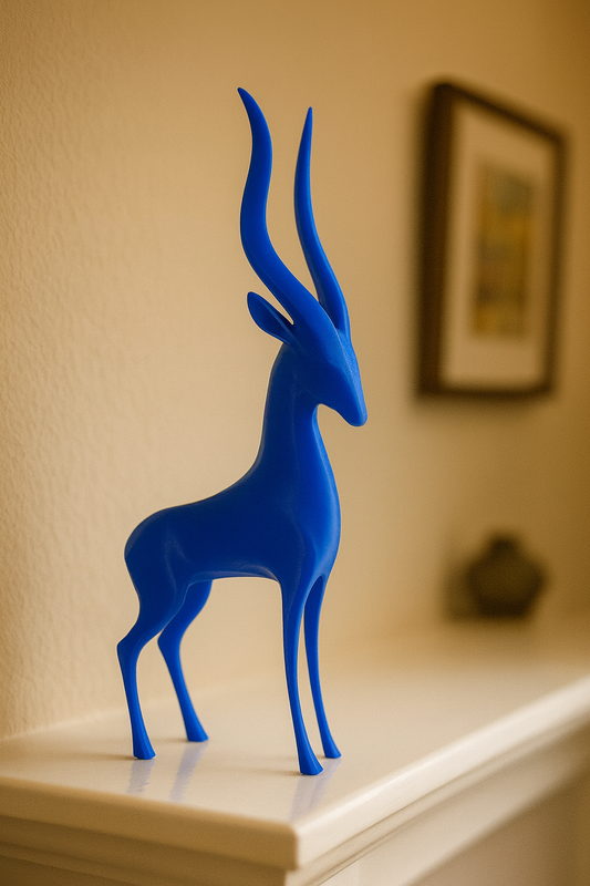 Blue antelope figurine on a surface with a blurred background