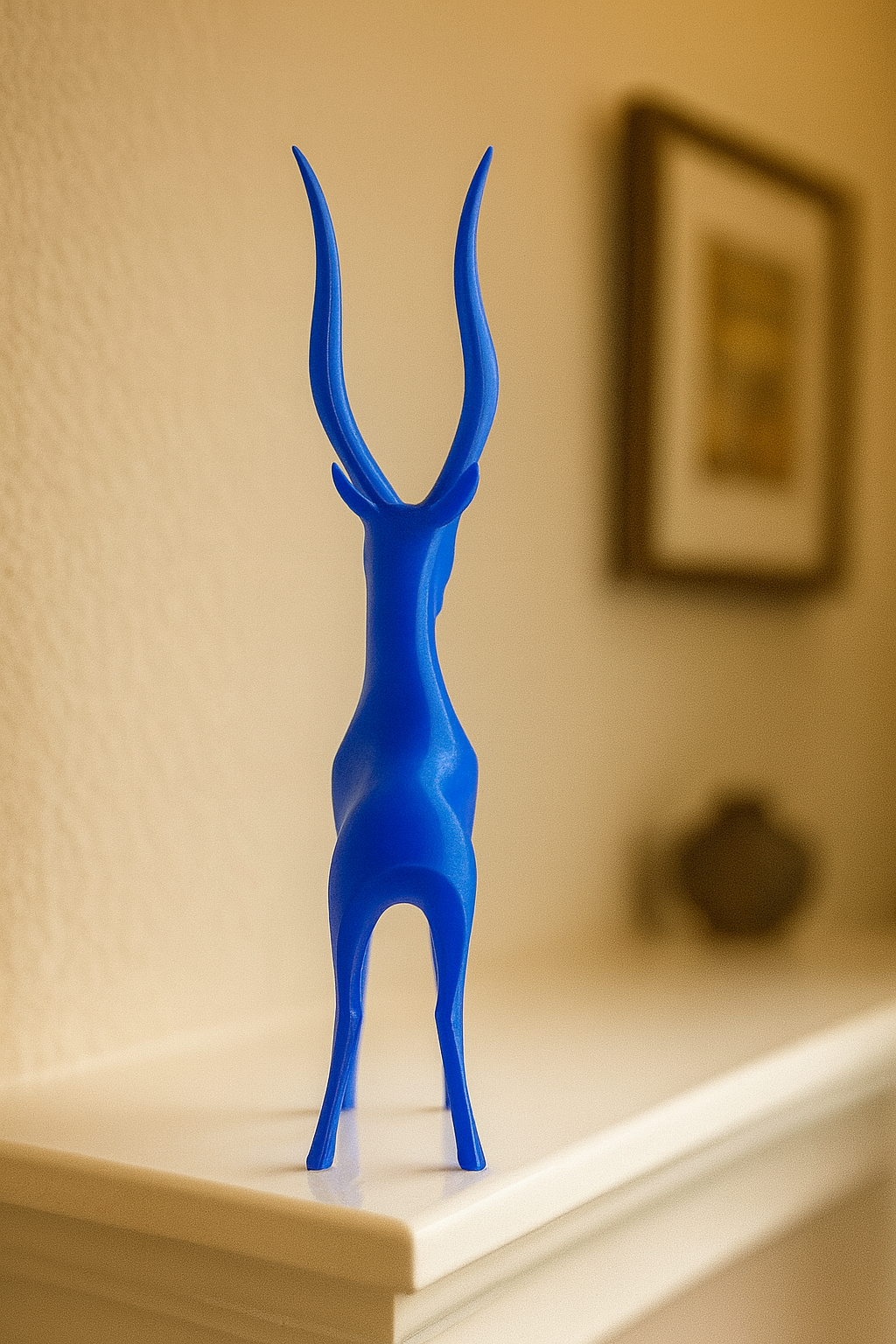 Blue antler-shaped object on a shelf with a blurred background