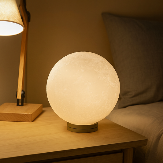 3D printed moon lamp with realistic lunar surface craters and texture glowing warm white light