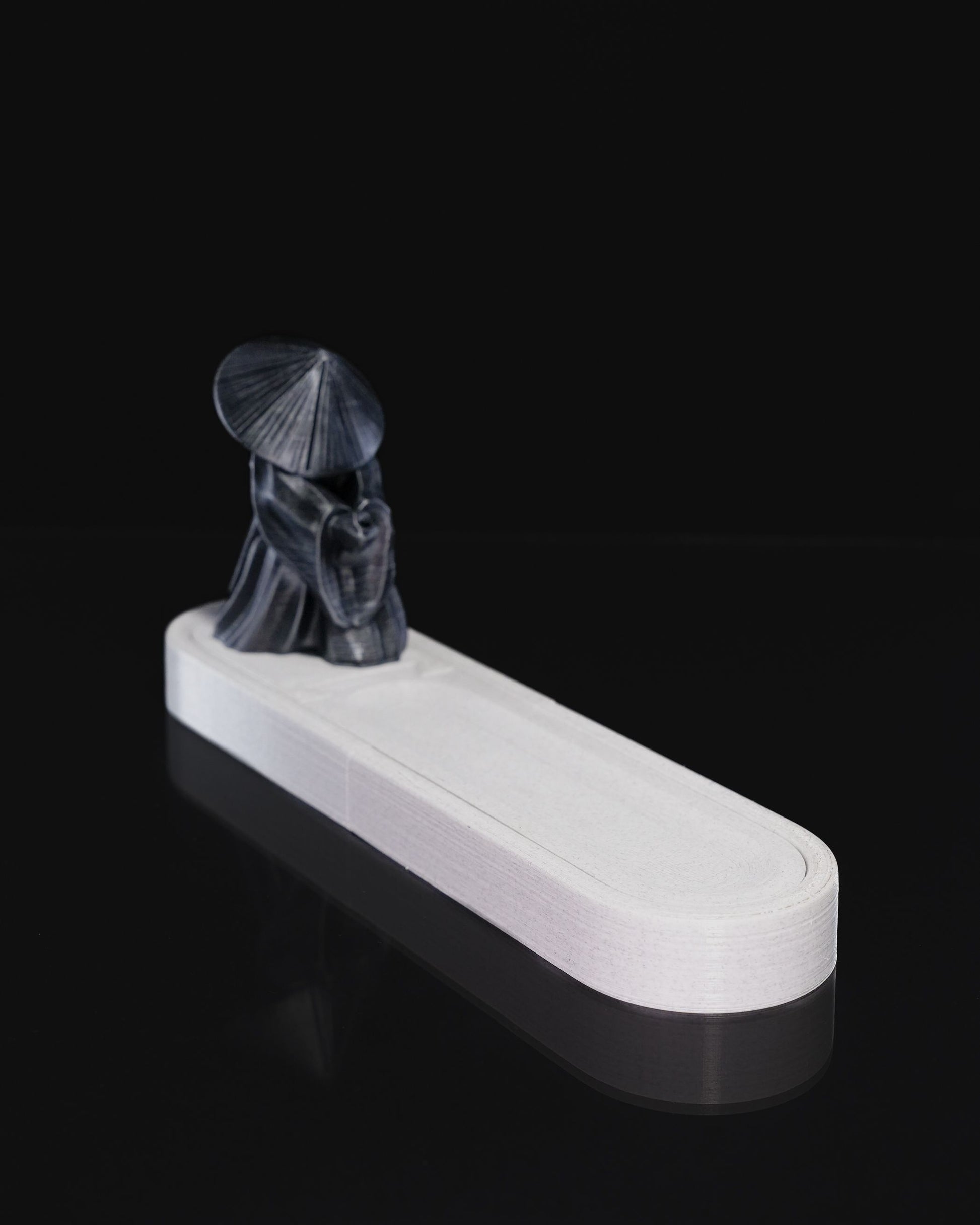 3D printed Chinese warrior incense holder with detailed figurine in conical hat and ash-catching base