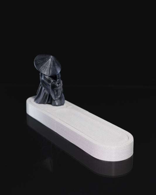 3D printed Chinese warrior incense holder with detailed figurine in conical hat and ash-catching base