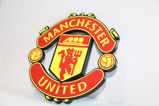 3D printed Manchester United wall badge featuring Red Devils crest in official red yellow and black colours
