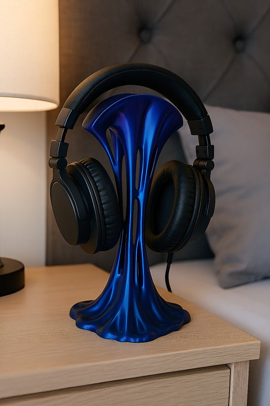 Colour-shifting headphone stand with purple blue and black gradient in sculptural flowing design