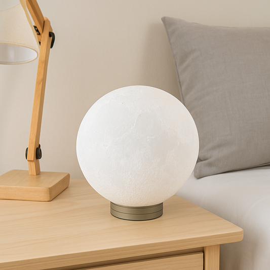 3D printed moon lamp with realistic lunar surface craters and texture glowing warm white light