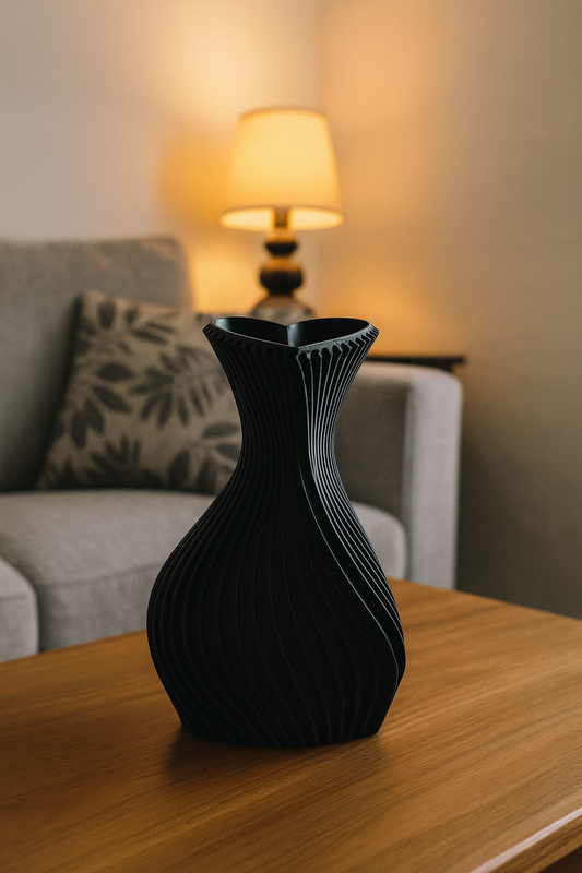 3D printed twisted heart vase in matte black finish displayed on white background